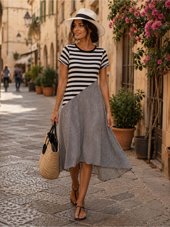 Who What Wear Dresses & Skirts - Who What Wear Black and White small Striped Short-Sleeve High-Low Dress